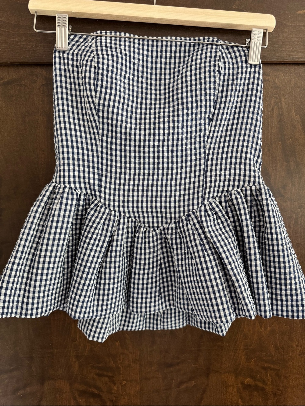 Hutch Navy and White Gingham Strapless Peplum Top NWT Small